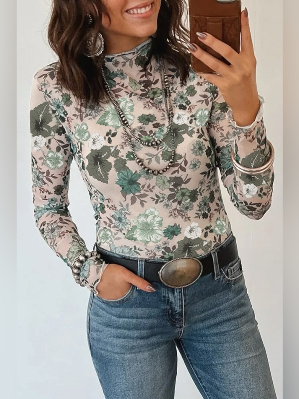 Floral Print Mesh Mock Neck Long Sleeve Top